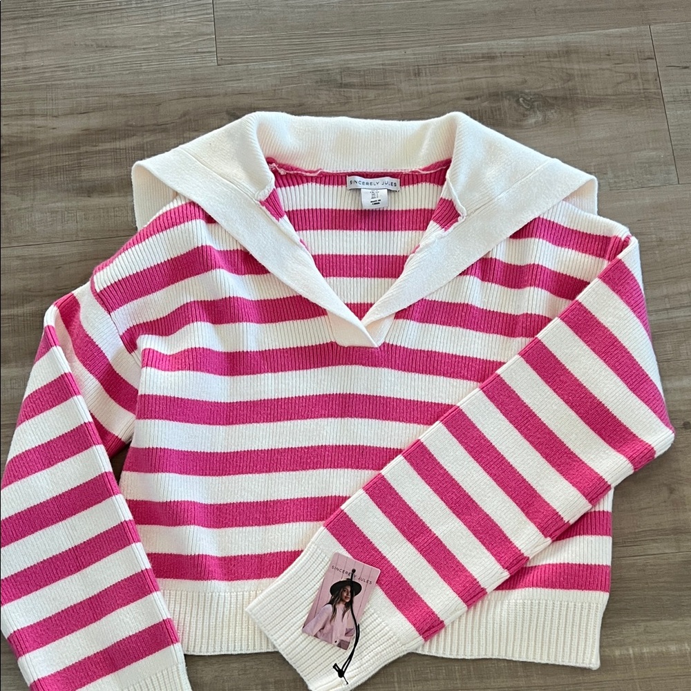 Pink and White Striped Women's Sweater